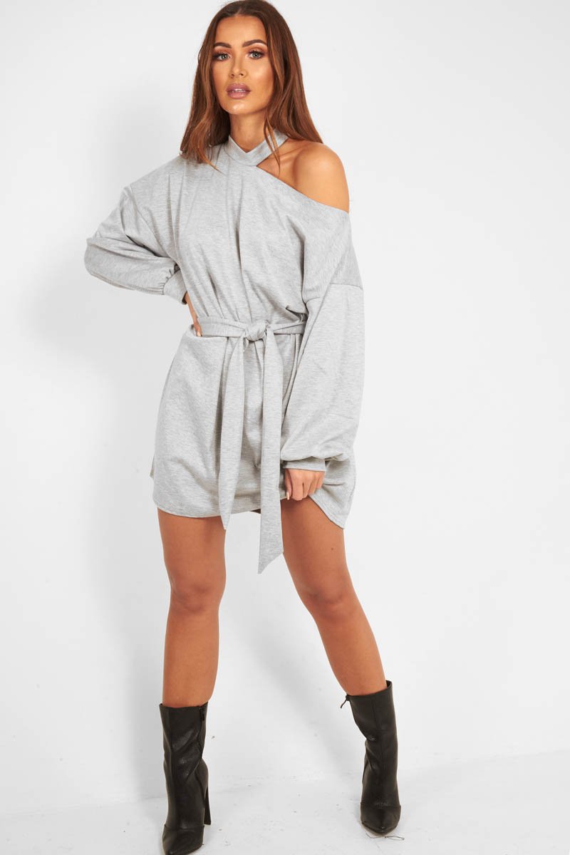 Grey Belted Cold Shoulder Jumper Dress - Elston-Dresses