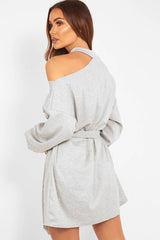 Grey Belted Cold Shoulder Jumper Dress - Elston-Dresses