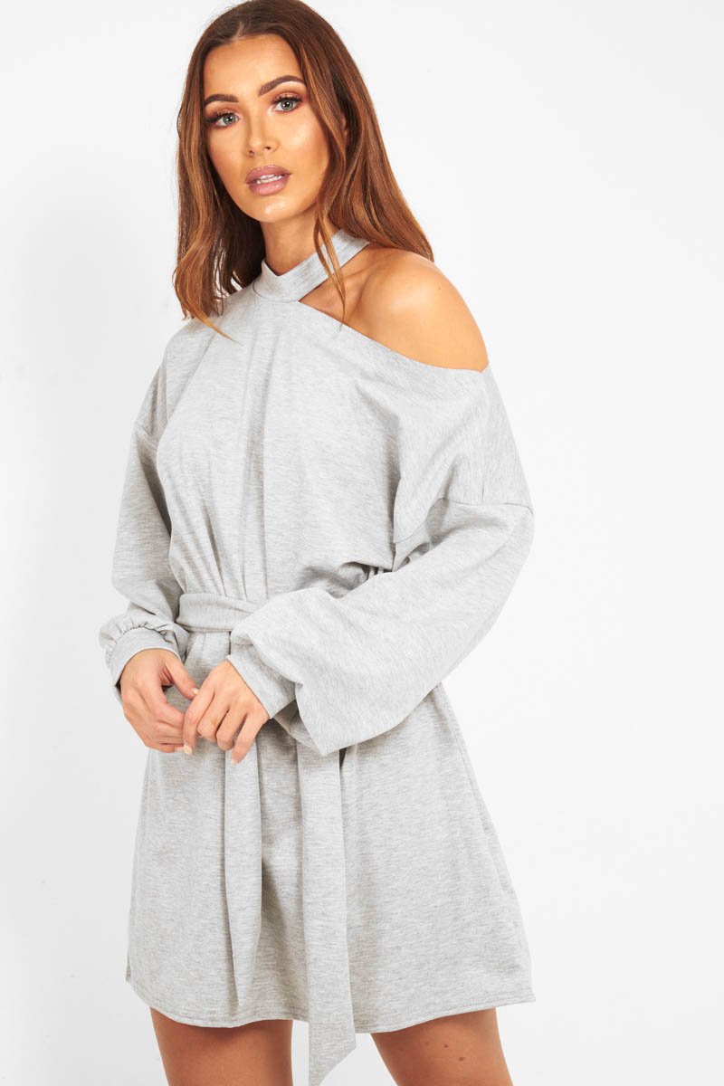 Grey Belted Cold Shoulder Jumper Dress - Elston-Dresses