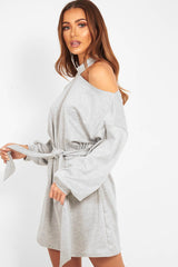 Grey Belted Cold Shoulder Jumper Dress - Elston-Dresses