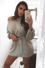 Grey Belted Cold Shoulder Jumper Dress - Elston-Dresses