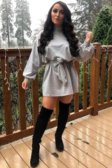 Grey Belted Cold Shoulder Jumper Dress - Elston-Dresses