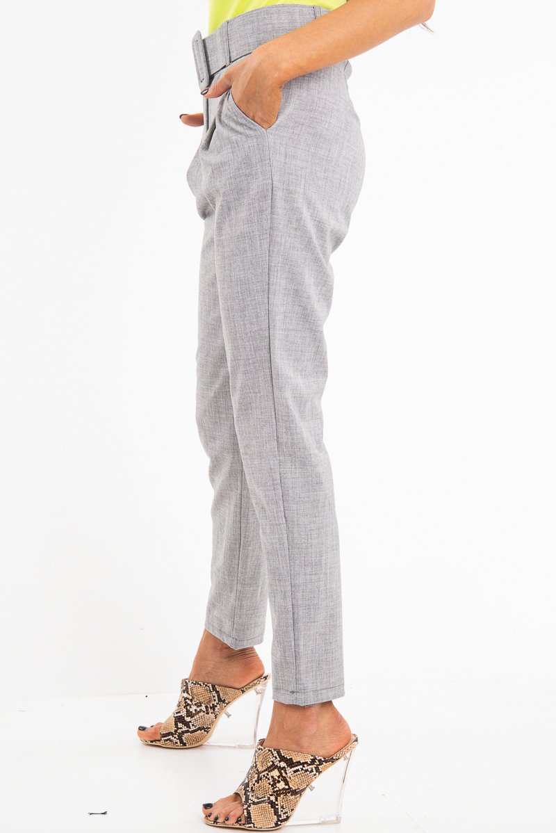 Grey Belted Tailored Trousers - Celena-Trousers