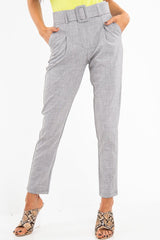 Grey Belted Tailored Trousers - Celena-Trousers