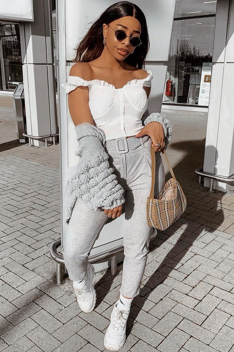 Grey Belted Tailored Trousers - Celena-Trousers