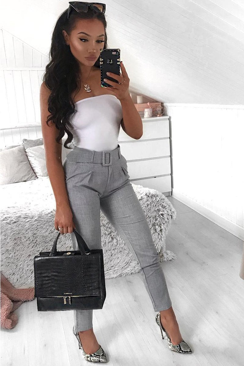 Grey Belted Tailored Trousers - Celena-Trousers