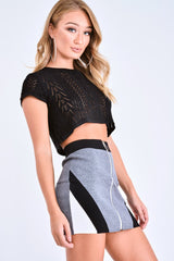 Grey Black Knit Colour Block Zip Front Mini Skirt - Aariel-Skirts