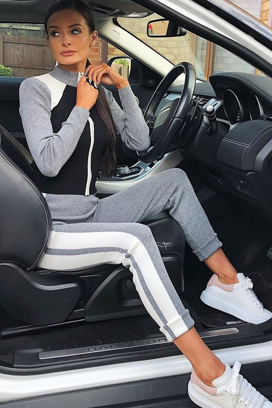 Grey Black and White Colour Block Tracksuit - Kily