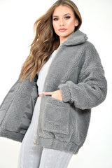 Grey Borg Zipper Front Pocket Coat - Jacklynn-Coats