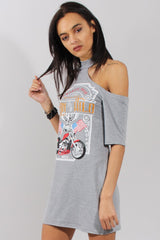 Grey Born To Be Wild Cut Out Shoulder T-Shirt Dress - Lorelei-Dresses