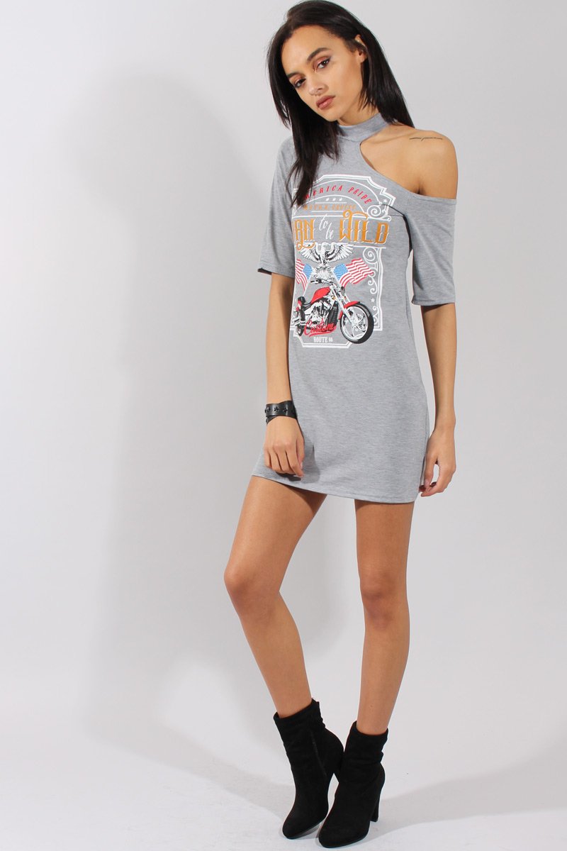 Grey Born To Be Wild Cut Out Shoulder T-Shirt Dress - Lorelei-Dresses