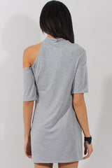 Grey Born To Be Wild Cut Out Shoulder T-Shirt Dress - Lorelei-Dresses