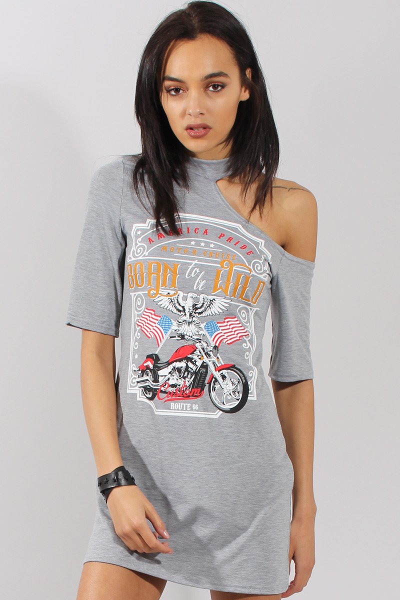 Grey Born To Be Wild Cut Out Shoulder T-Shirt Dress - Lorelei-Dresses