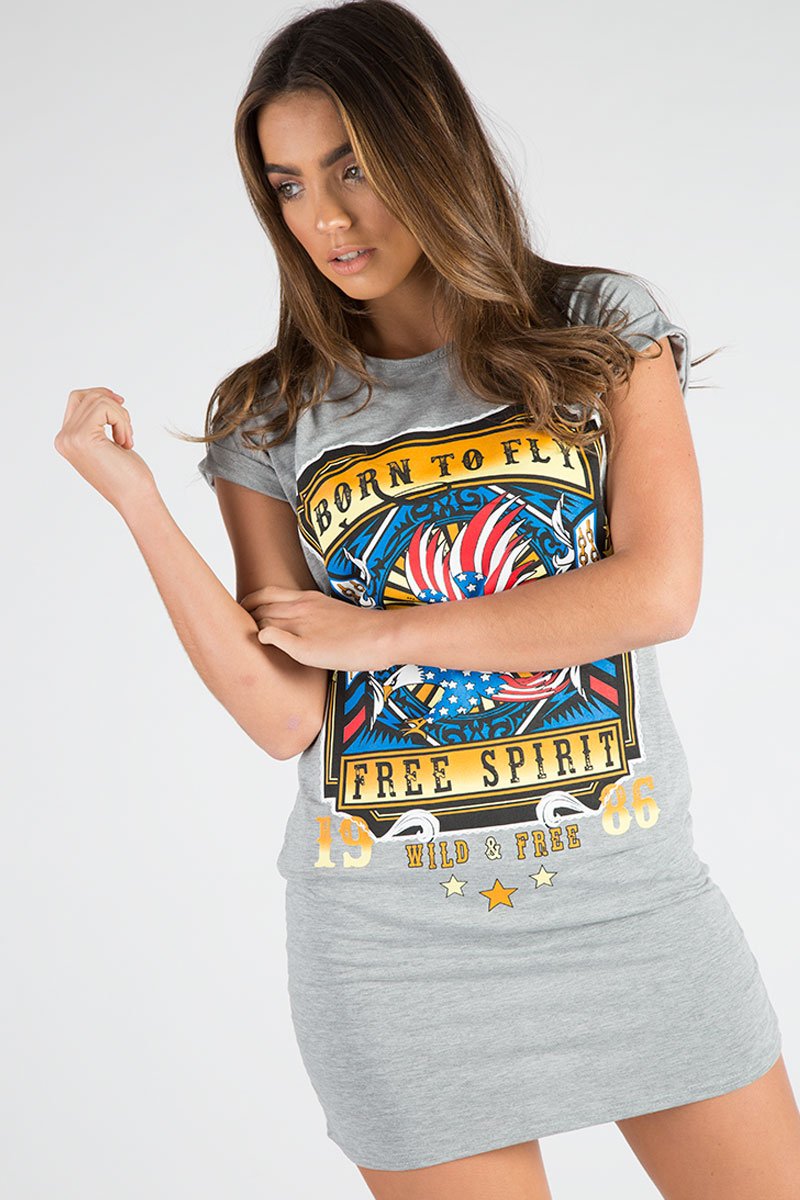 Grey Born To Fly Slogan T-Shirt Dress - Isabella-Dresses
