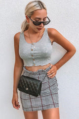 Grey Button Front Crop Top -Teia-Tops
