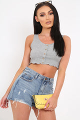Grey Button Front Crop Top -Teia-Tops