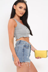 Grey Button Front Crop Top -Teia-Tops