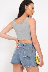 Grey Button Front Crop Top -Teia-Tops