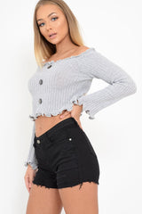 Grey Button Up Cropped Bardot Jumper - Cielo-Crop Jumper