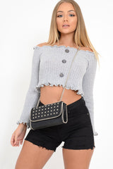 Grey Button Up Cropped Bardot Jumper - Cielo-Crop Jumper