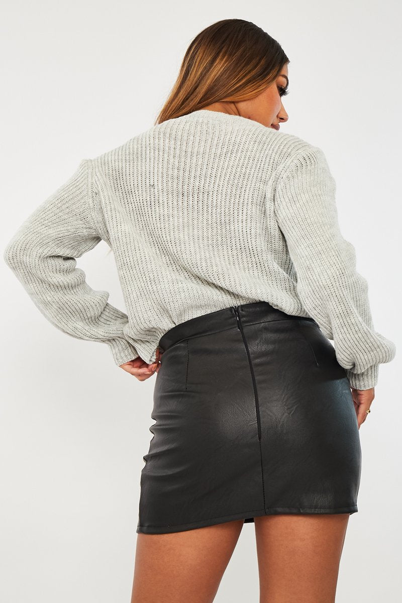 Grey Cable Front Round Neck Jumper - Idah-Jumper