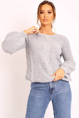 Grey Cable Knit Balloon Sleeve Jumper - Elicia-Jumper