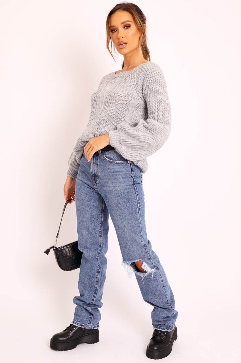 Grey Cable Knit Balloon Sleeve Jumper - Elicia-Jumper