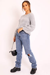 Grey Cable Knit Balloon Sleeve Jumper - Elicia-Jumper