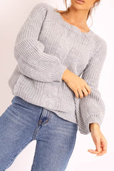 Grey Cable Knit Balloon Sleeve Jumper - Elicia-Jumper