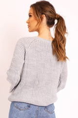Grey Cable Knit Balloon Sleeve Jumper - Elicia-Jumper