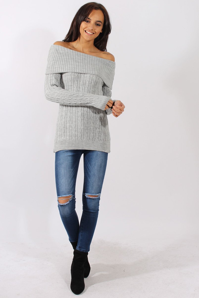 Grey Cable Knit Bardot Top - Deakin-Tops