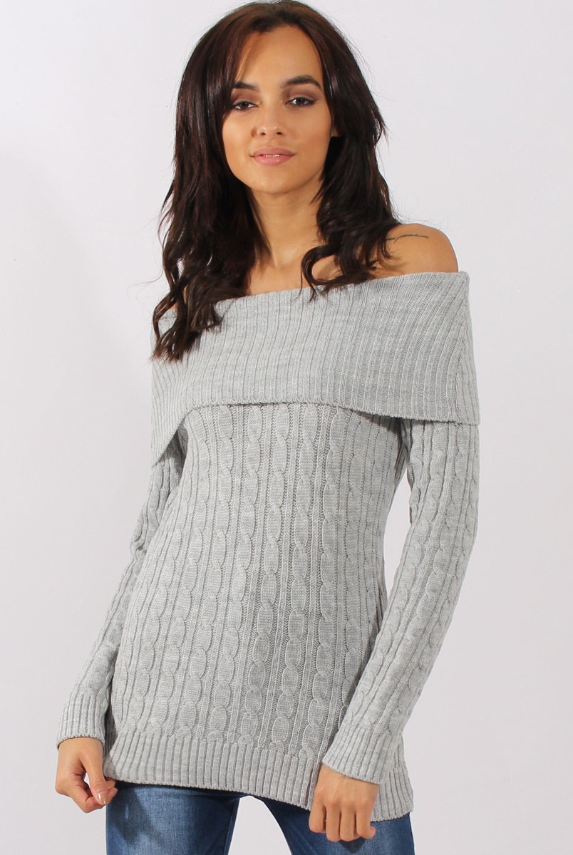 Grey Cable Knit Bardot Top - Deakin-Tops