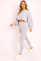 Grey Cable Knit Batwing Jumper Loungwear Set - Janea-Co-ords