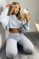 Grey Cable Knit Batwing Jumper Loungwear Set - Janea-Co-ords