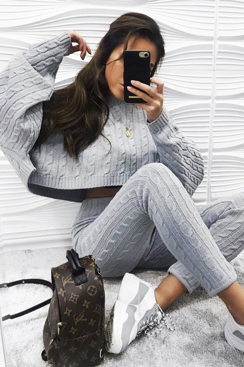 Grey Cable Knit Batwing Jumper Loungwear Set - Janea-Co-ords