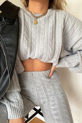 Grey Cable Knit Batwing Jumper Loungwear Set - Janea-Co-ords