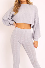 Grey Cable Knit Batwing Jumper Loungwear Set - Janea-Co-ords