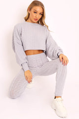 Grey Cable Knit Batwing Jumper Loungwear Set - Janea-Co-ords