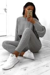 Grey Cable Knit Batwing Jumper Loungwear Set - Janea-Co-ords