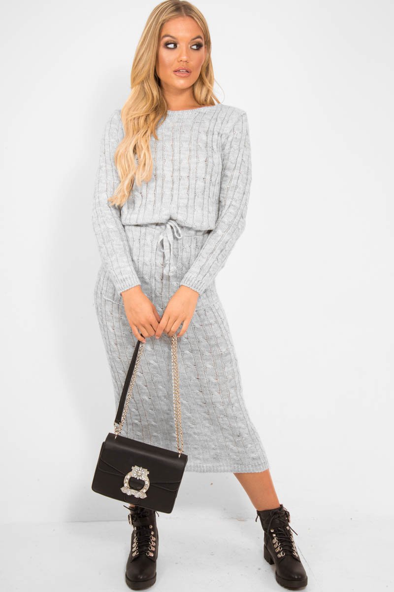 Grey Cable Knit Drawstring Waist Dress - Rhea-Dresses