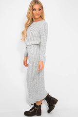 Grey Cable Knit Drawstring Waist Dress - Rhea-Dresses