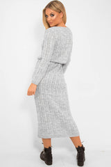 Grey Cable Knit Drawstring Waist Dress - Rhea-Dresses