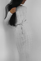 Grey Cable Knit Drawstring Waist Dress - Rhea-Dresses