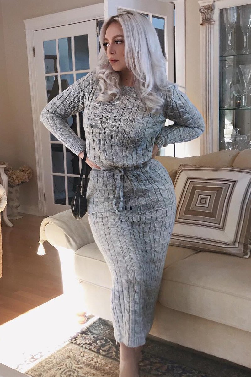 Grey Cable Knit Drawstring Waist Dress - Rhea-Dresses