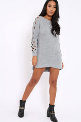 Grey Cable Knit Jumper Dress with Cut out Detail - Daysie-Jumper