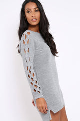 Grey Cable Knit Jumper Dress with Cut out Detail - Daysie-Jumper