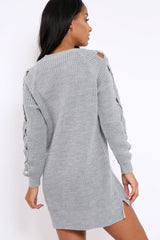 Grey Cable Knit Jumper Dress with Cut out Detail - Daysie-Jumper