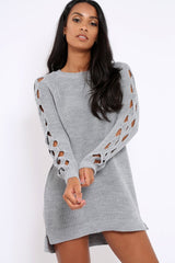 Grey Cable Knit Jumper Dress with Cut out Detail - Daysie-Jumper