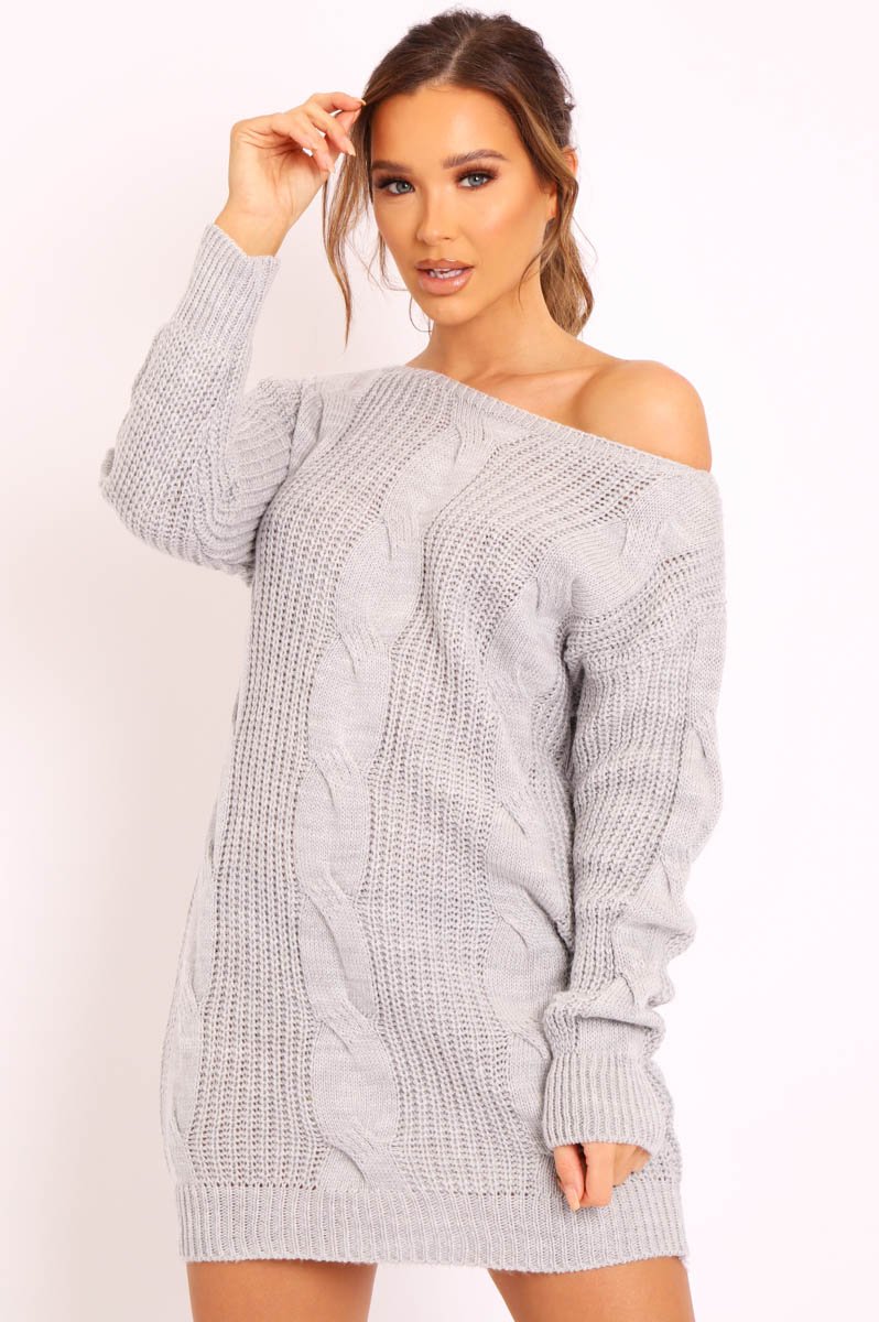 Grey Cable Knit Off Shoulder Jumper Dress - Berry Rebellious Fashion Grey Cable Knit Off Shoulder Jumper Dress - Berry Rebellious Fashion