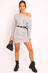Grey Cable Knit Off Shoulder Jumper Dress - Berry-Dresses